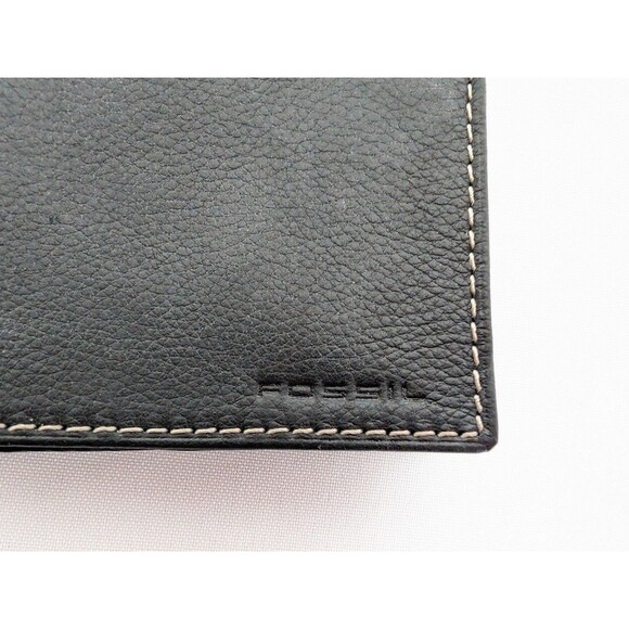 Fossil Mens Black Pebbled Leather Small Bifold Card Holder Wallet Snap ID Pocket - Picture 3 of 7